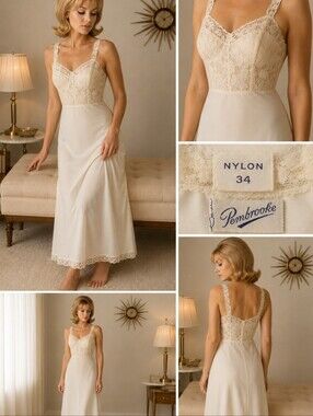 Vintage Pembrooke Lace Bodice Nylon Slip — Ivory/Cream 1950s Size 34